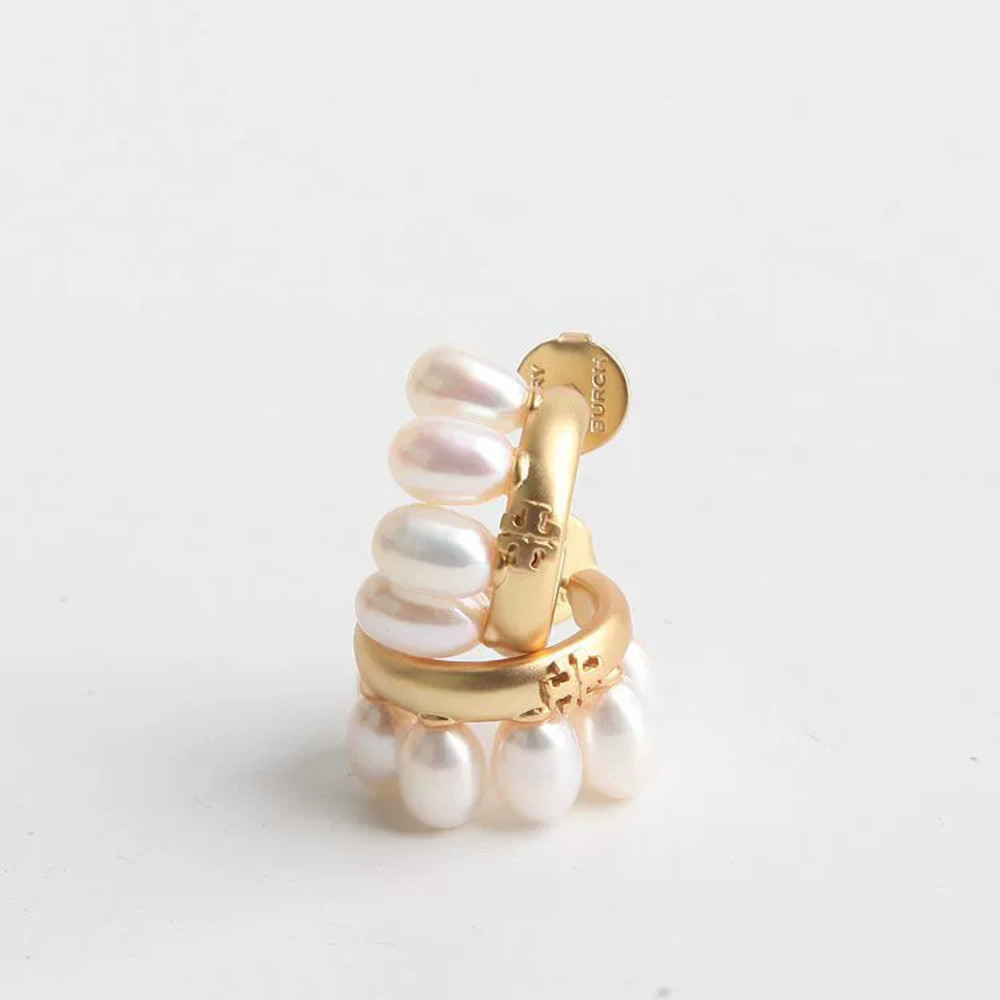 Tory Burch Vintage Gold Double Freshwater Pearl Asymmetrical Stud Earrings